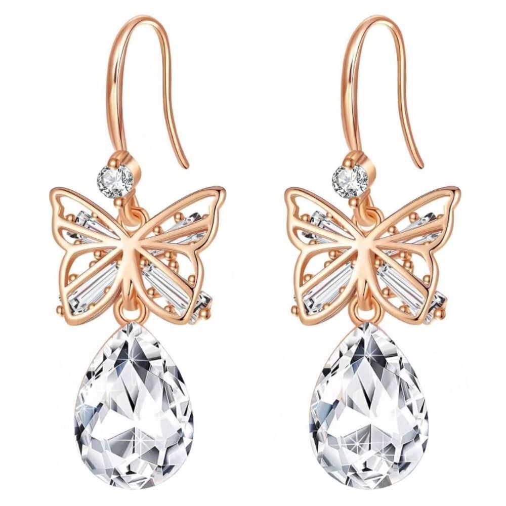 14K Rose Gold with White Diamond Austrian Crystal Butterfly Teardrop Earrings
